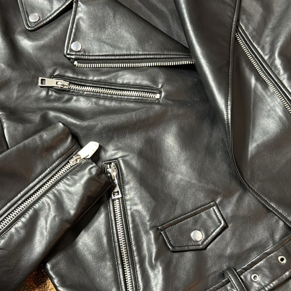 ZARA BLACK FAUX LEATHER MOTO BIKER JACKET BELTED ZIP COAT SIZE LARGE **NWOT** - Picture 10 of 13